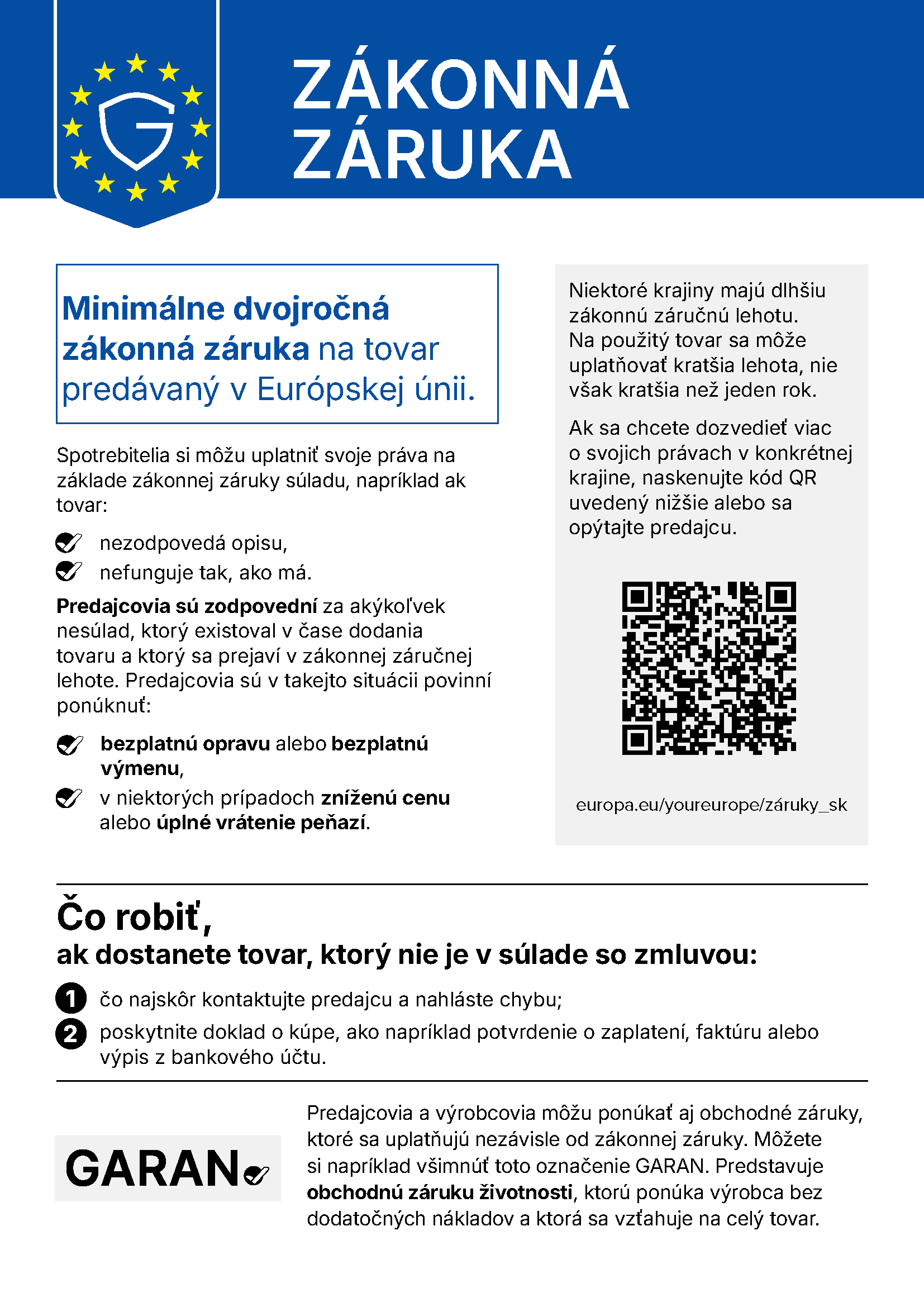 Zákonná záruka – oznámenie o zodpovednosti za vady tovaru